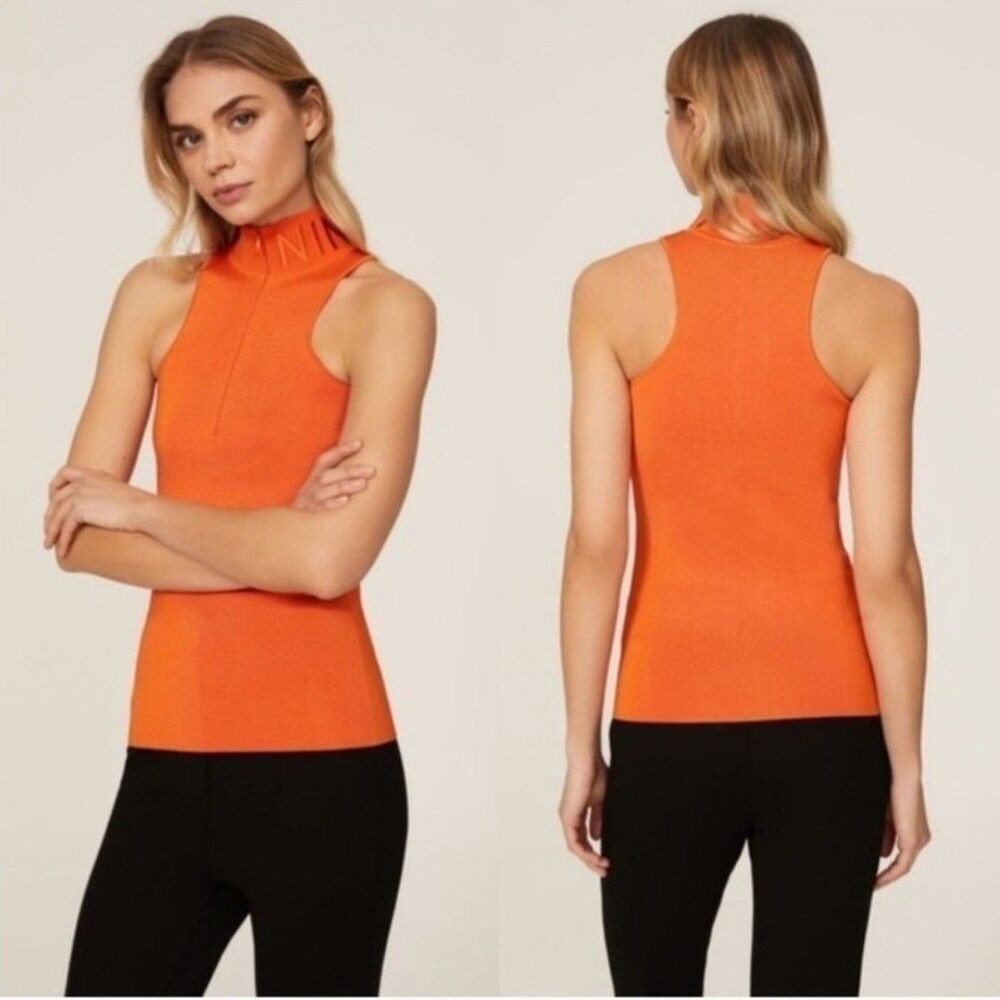 Nina Ricci Blaze Orange Milano Zipped Tank Mock Neck Ponte Stretch Fitted Size L